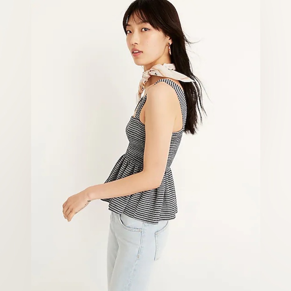 Madewell Texture & Thread Smocked Peplum Tank Top in Deep Navy Ellis Stripe L